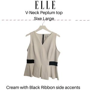 Elle Cream Peplum V-Neck sleeveless Top Size Large Black ribbon detail